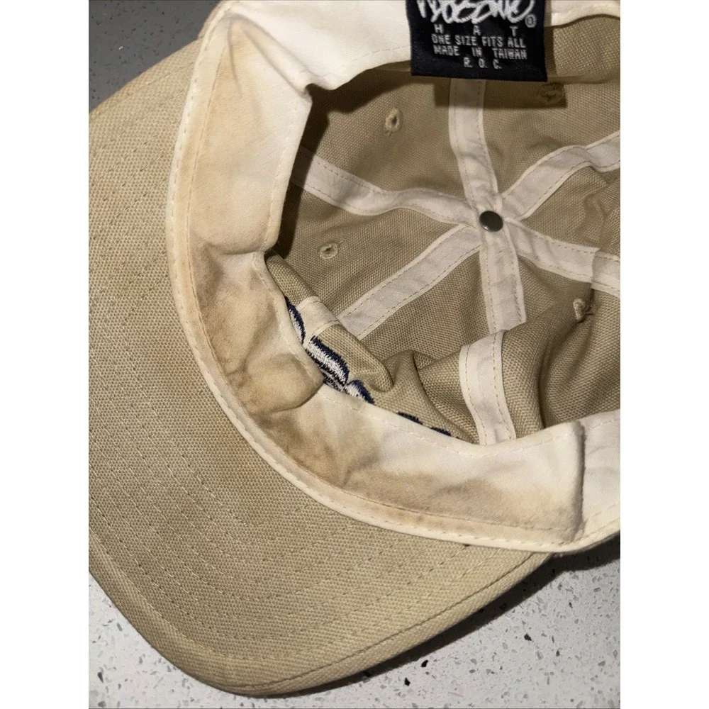 Vintage 90s Mossimo Embroidered Script Logo Canvas Baseball Cap Hat Beige Blue